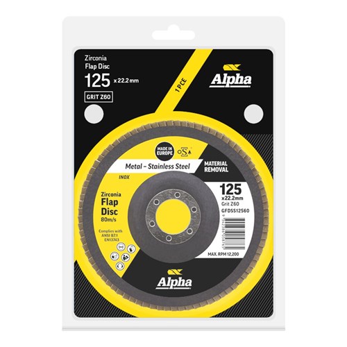 Flap Disc 125mm Z60 Grit Zirconia Alpha Carded (Pk 1)
