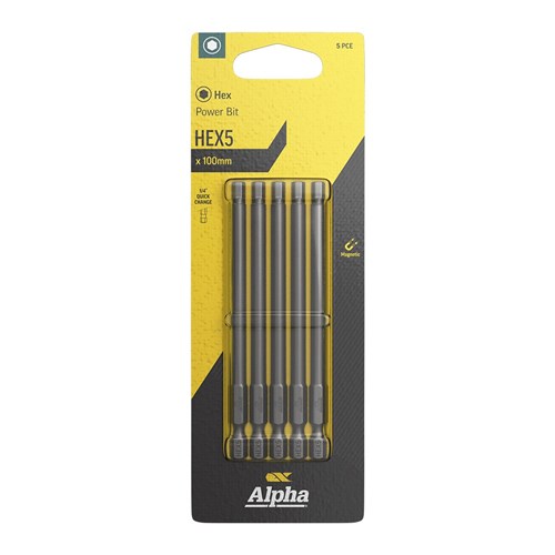 HEX5 x 100mm Power Bit Carded | 5 Pack