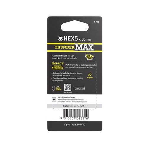 ThunderMax HEX5 x 50mm Impact Power Bit Carded | 5 Pack