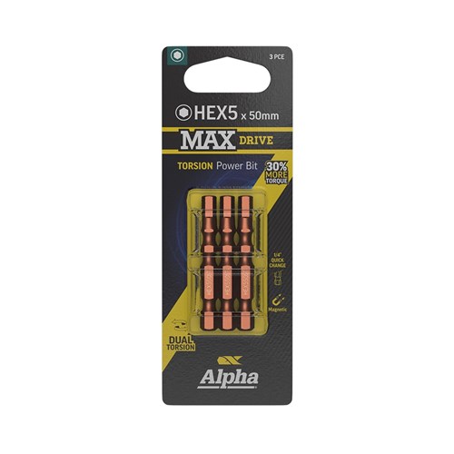 HEX5 x 50mm MAXdrive Torsion Power Bit Carded | 3 Pack