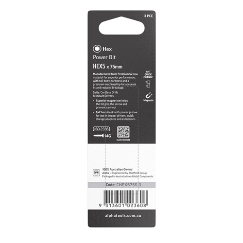 HEX5 x 75mm Power Bit Carded | 3 Pack