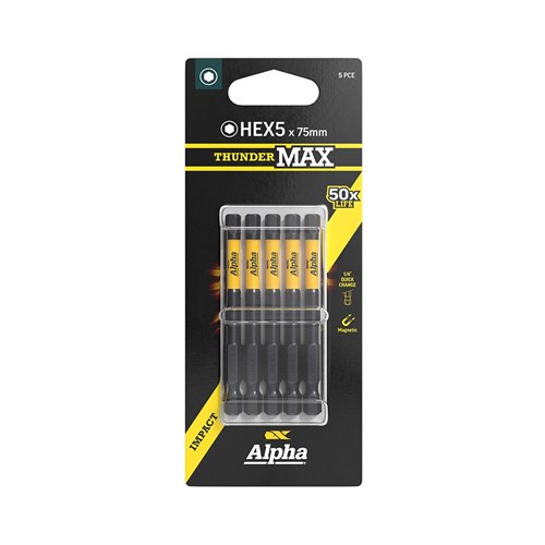 ThunderMax HEX5 x 75mm Impact Power Bit Carded | 5 Pack