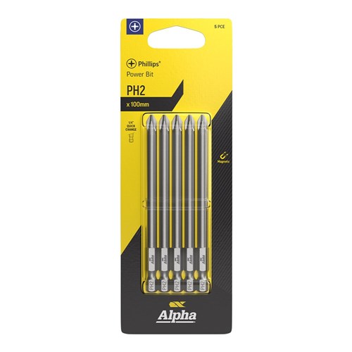 PH2 x 100mm Phillips Power Bit Carded | 5 Pack
