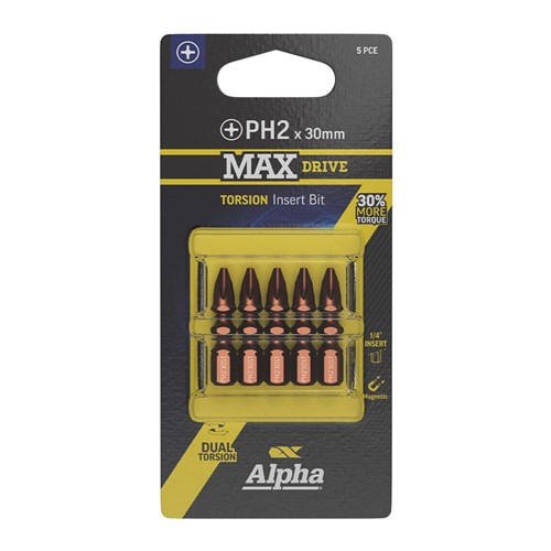 PH2 x 30mm MAXdrive Torsion Insert Driver Bit Carded | 5 Pack