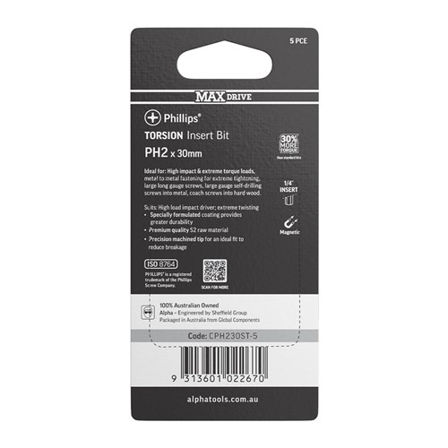 PH2 x 30mm MAXdrive Torsion Insert Driver Bit Carded | 5 Pack
