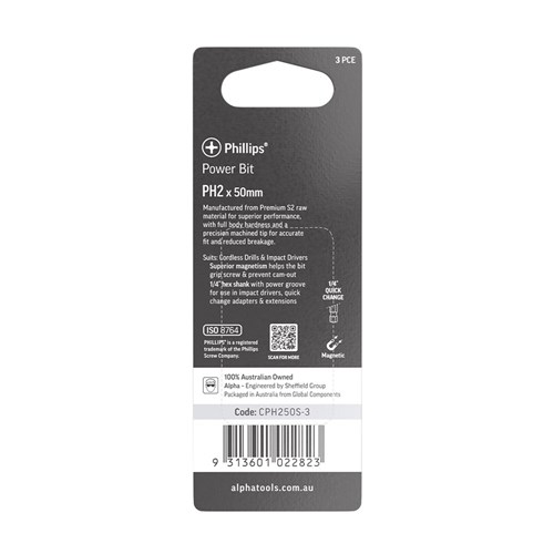 PH2 x 50mm Phillips Power Bit Carded | 3 Pack