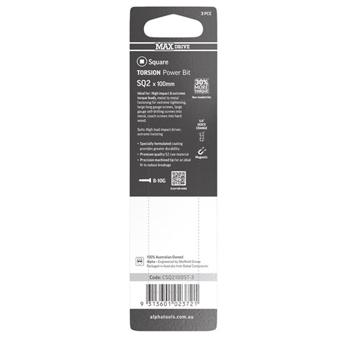 SQ2 x 100mm MAXdrive Torsion Power Bit Carded | 3 Pack