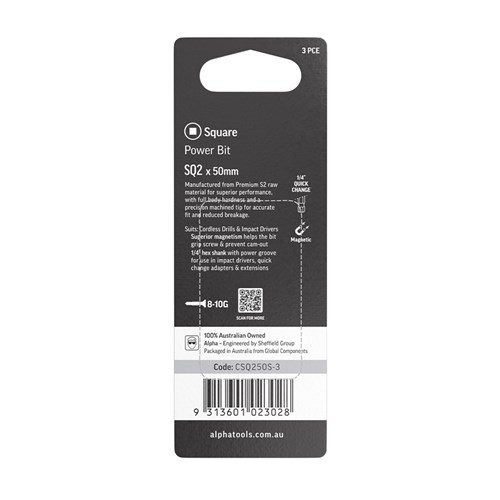 SQ2 x 50mm Power Bit Carded | 3 Pack