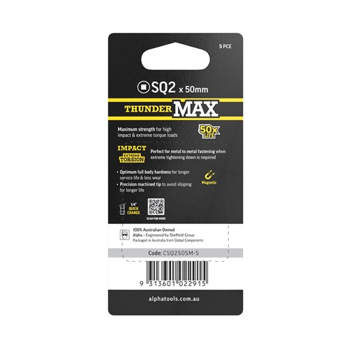 ThunderMax SQ2 x 50mm Impact Power Bit Carded | 5 Pack