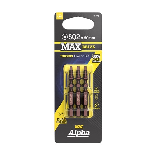 SQ2 x 50mm MAXdrive Torsion Power Bit Carded | 3 Pack