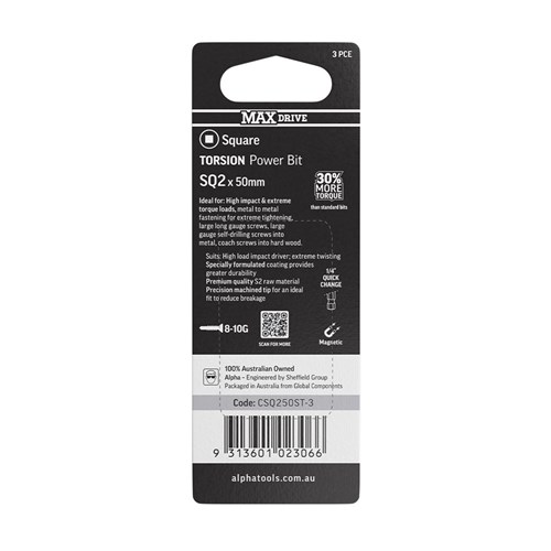 SQ2 x 50mm MAXdrive Torsion Power Bit Carded | 3 Pack