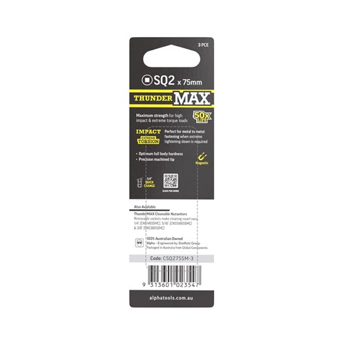 ThunderMax SQ2 x 75mm Impact Power Bit Carded | 3 Pack