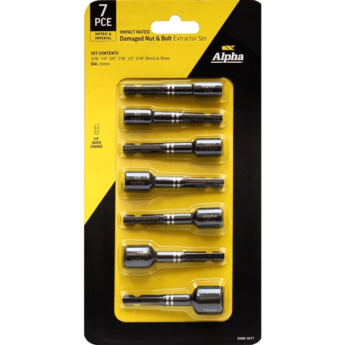 7pce | Alpha Damaged Nut & Bolt Extractor Set | 1/4in Hex Drive Met/Imp